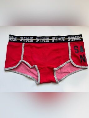 PINK Victoria's Secret Red & Black Boyshort Panty Christmas Santa